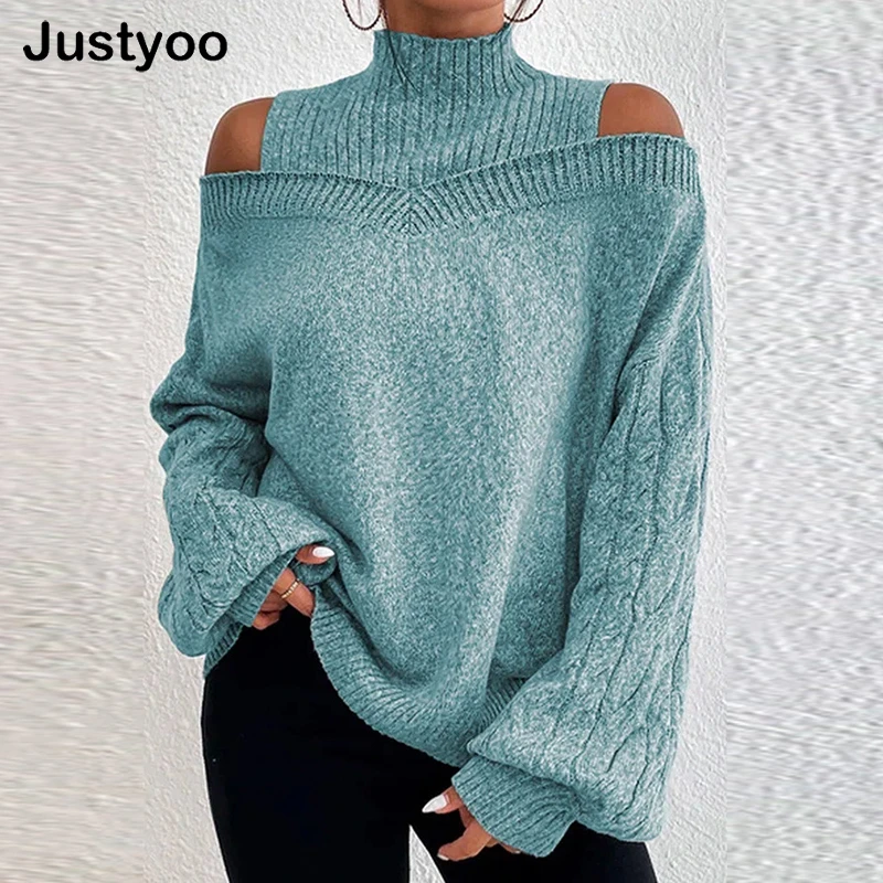 

Half High Collar Knitted Sweater Long Sleeve Pullover Sweater Women Autumn Winter Off Shoulder Sweater Jumper Female Clothing