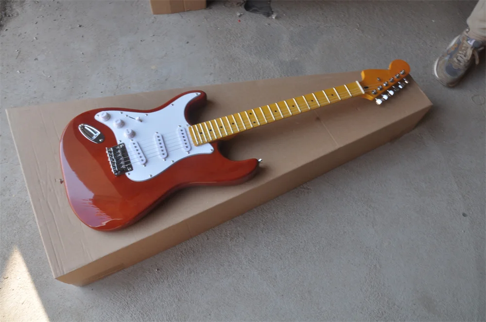 

Chinese guitar factory custom new St left hand electric guitar brown light blue guitar big headstock guitar in stock 202234