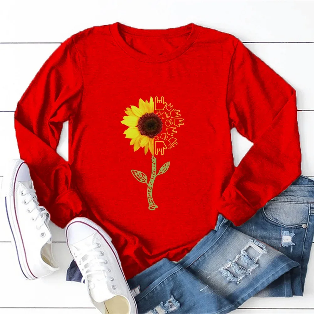 2020 женская свободная футболка с круглым вырезом и длинными рукавами принтом