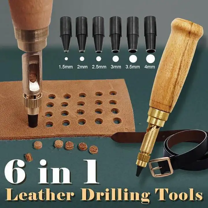 

6 In 1 Leather Drilling Tool Automatic Belt Punch Replaceable Mute Rotary Punching Punchers 6pcs Hole Punch Screw Drill TipDie
