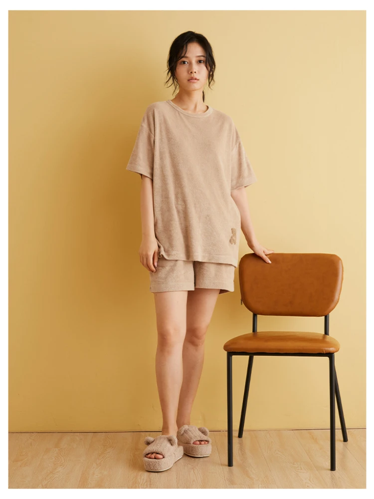 Room Wear Gelato Pique Homewear Women Pajamas Set Hoodie Shorts Trousers Bear Embroidery  Towels Fabric