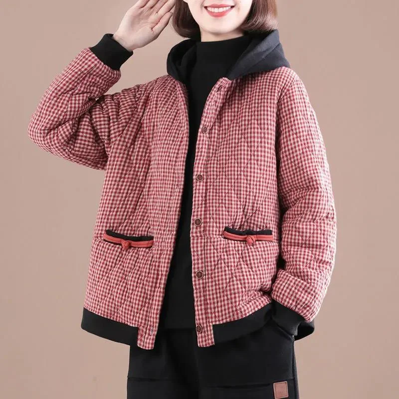 Thick Warm Hooded Coats Women New Arrival Autumn and Winter Vintage Style Plaid Pattern Loose Female Casual Outerwear