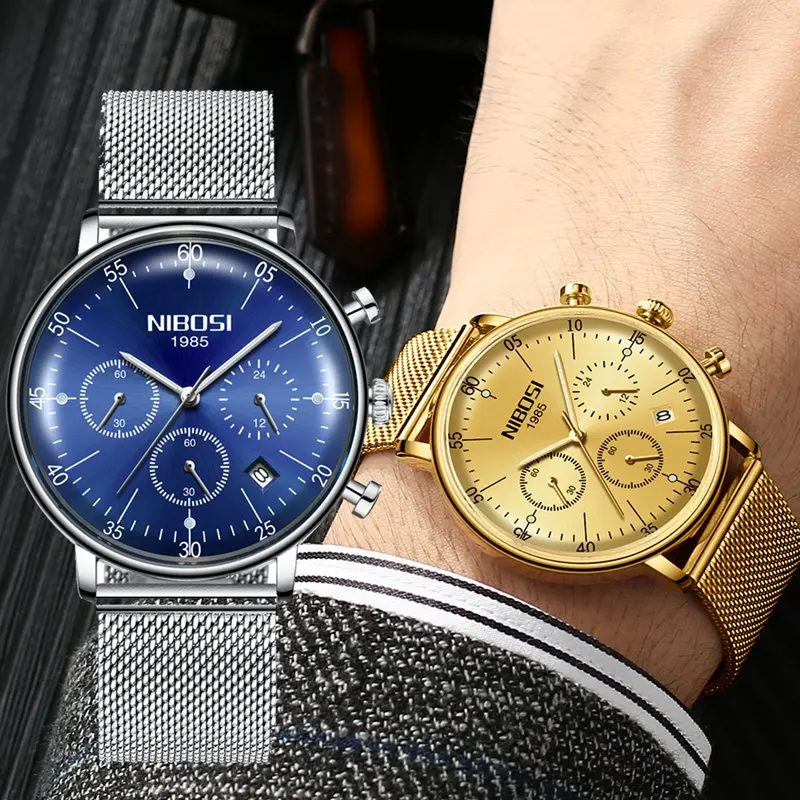 NIBOSI Mens Watches Casual Fashion Mesh Steel Strap Creative Waterproof Date Display Clock Male Luxury Watches Relogio Masculino