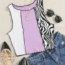 Women's Purple Y2K Zebra Stripe Printed Vest Top Summer Lettuce Trim Sleeveless Crop Tank Top Streetwear Harajuku Tee Shirt 2022