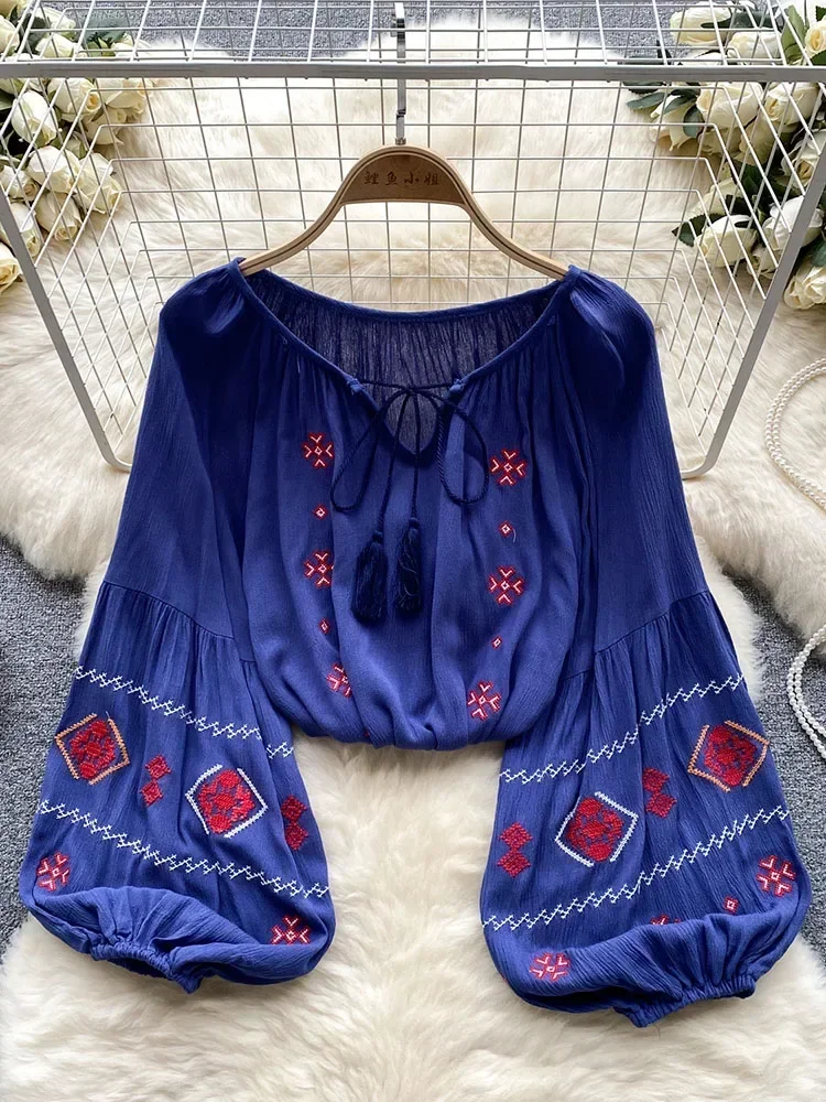 Kobiety Wiosna Jesień Bluzka Czas wolny Retro Etniczny Styl Bąbelkowy Koszula z Rękawami Paskiem Niszowy Top D5328