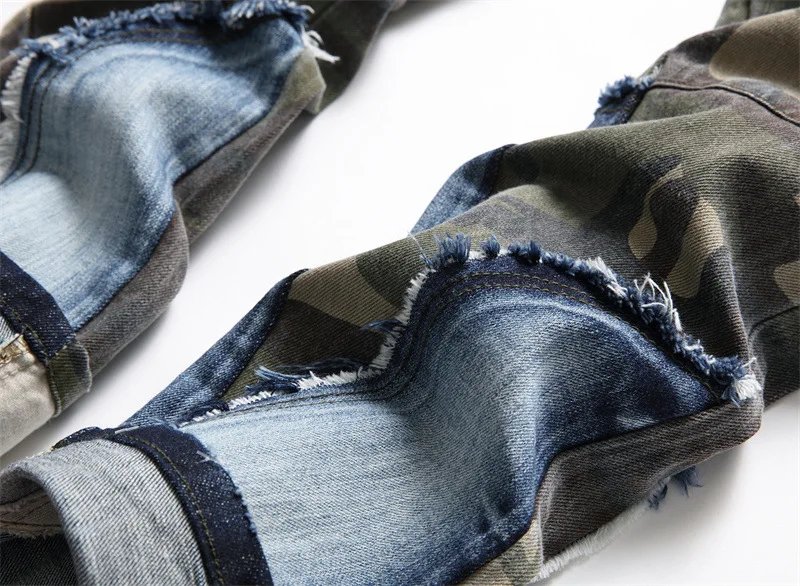 2023 New Jeans Men's Slim Fit Elastic Camo Panel Color Block Bike Fashion Distressed Casual Men's Jeans