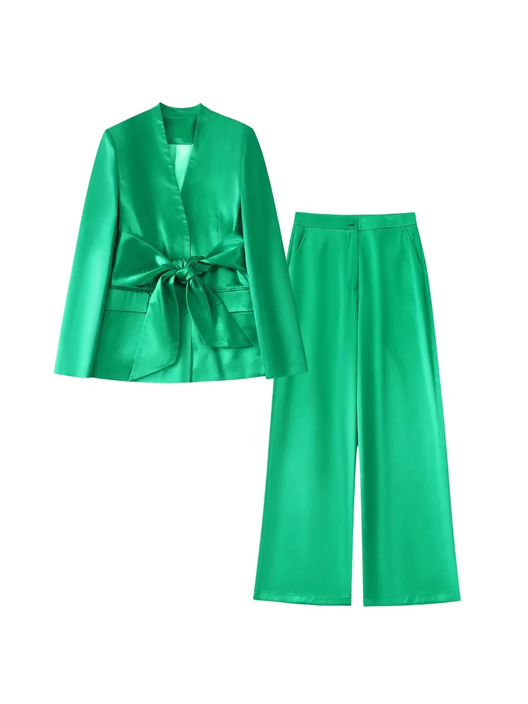

Fashion Women Green Satin Texture V-Neck Blazer Jacket With Sashes + Loose Wide Leg Trousers 2 PCS Set Office Lady Streetwear