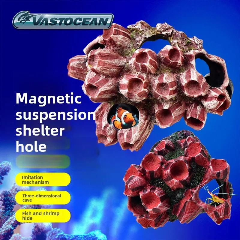 Фото Магнитная плавающая пещера VASTOCEAN для рифового аквариума, подвесное убежище-скала для рыб и креветок, декор 2-в-1: подставка для фрагментов и укрытие №1