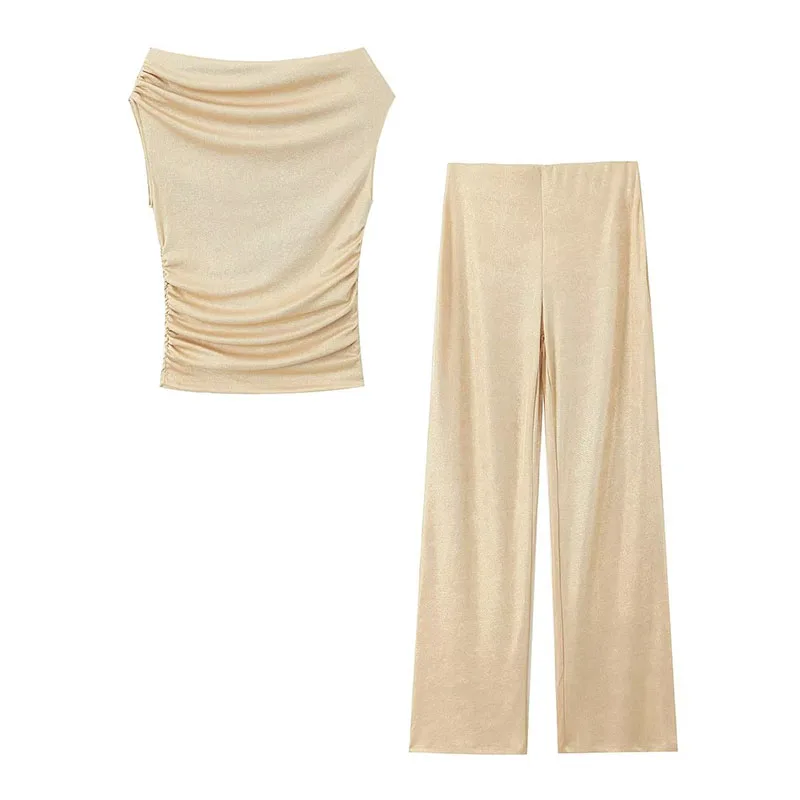 

Summer Suit 2023 New Casual One Neck Short-Sleeved Pleated Blouse High-Waisted Wide-Legged Trousers Two-Piece Slim Sexy