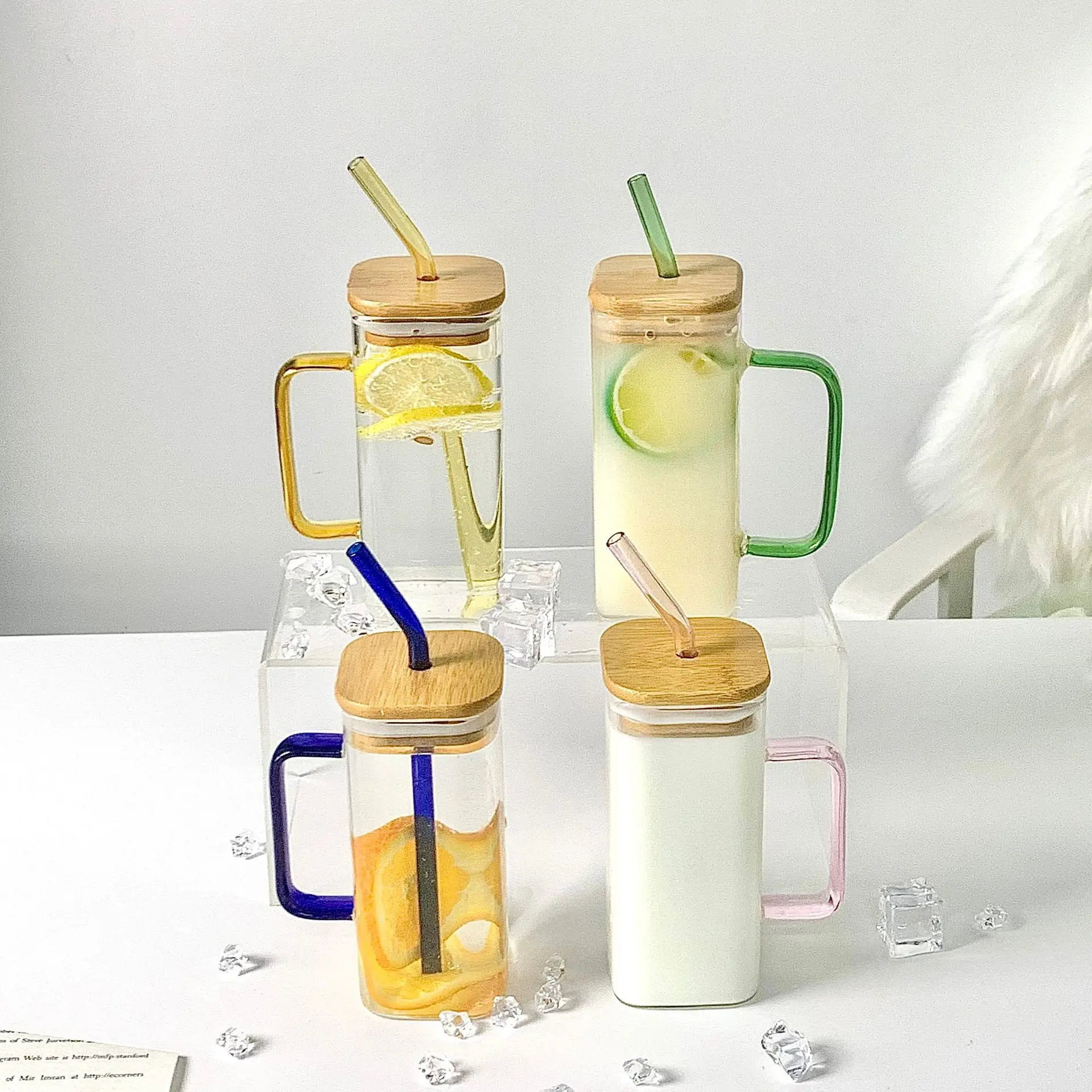 

400ML Glass Tumbler Cup with Bamboo Lid and Glass Straw Mason Jar Drinking Glasses Bottle for Smoothie Iced Coffee Juice Water