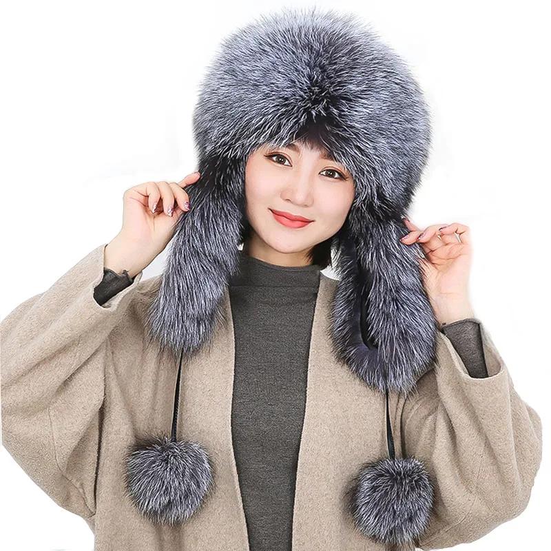 New Fur Hat For Women Natural Raccoon Fox Fur Russian Hats Winter Raccoon Thick Warm Ears Fashion Bomber Cap Fur Hat