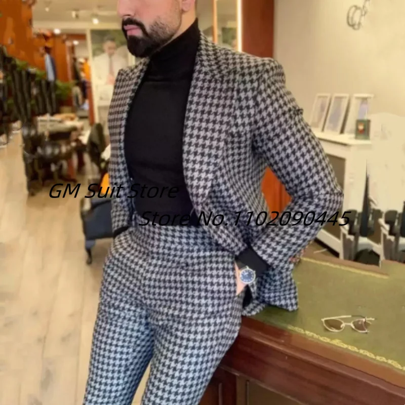 Men's Suit Lapel Houndstooth Casual Two-piece Suit Slim Handsome Jacket Suitable For Small Feet Pants Wedding Groom's Dress 2022