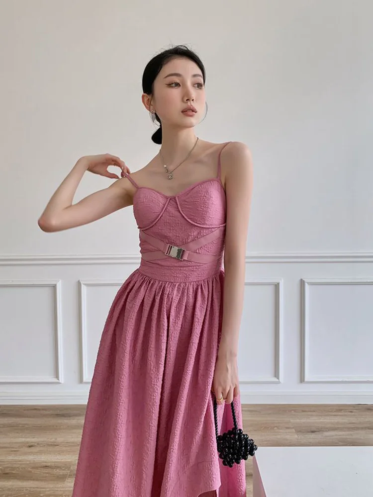 

Pink Sling Midi Dress For Women Jacquard Slim Suspender Dresses Ladies Fashion Party Clothing 2022 Summer G287
