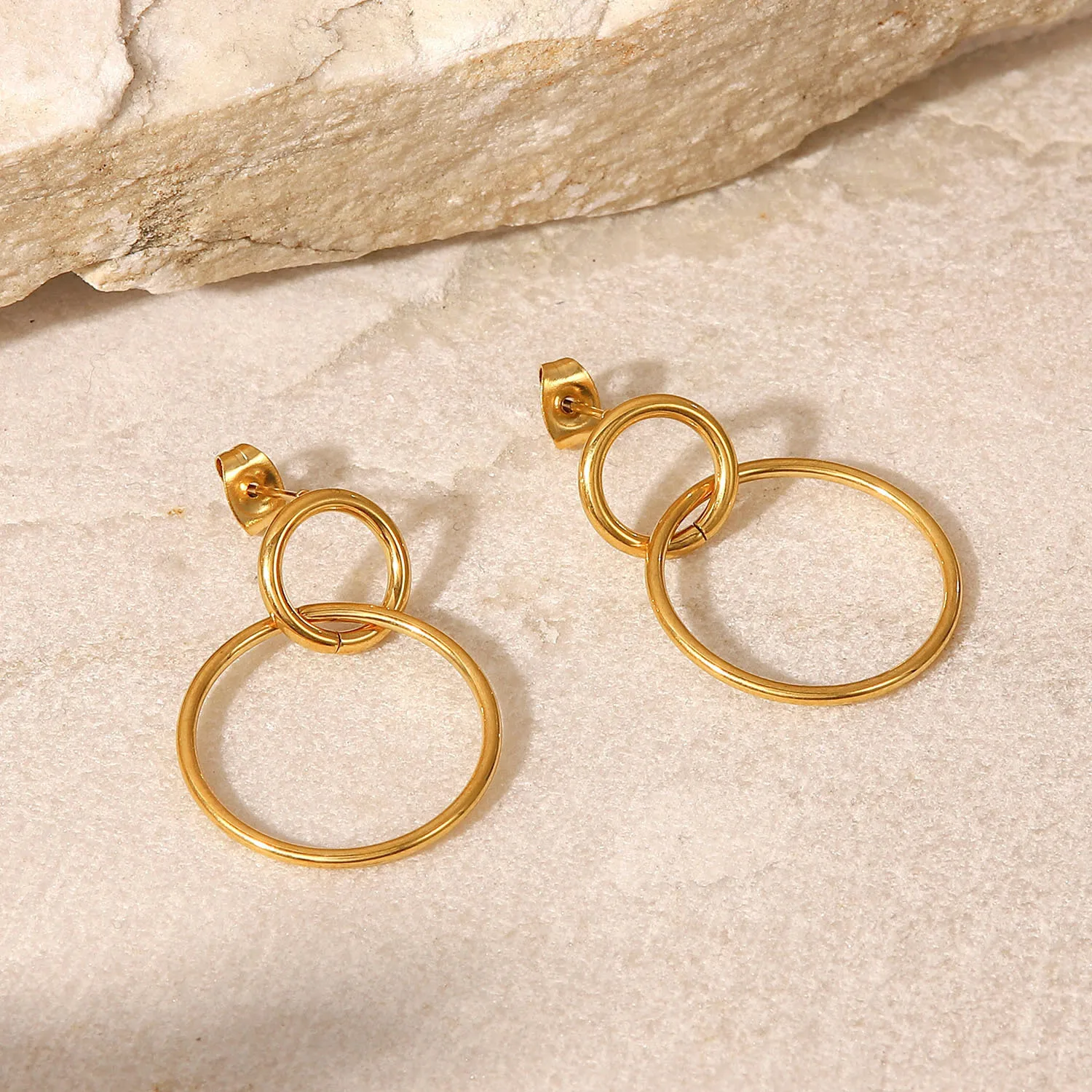 Stainless Steel PVD 18K Gold Plated Tarnish Waterproof Double Ring Hoop Earrings For Woman Jewelry Wholesale Trendy