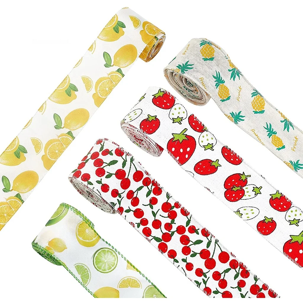 

5 Rolls Single Face Ribbon2-1/2" X 6 Yds Fruits Patterns Printed RibbonsWired Edge Ribbons for Wrapping Decoration