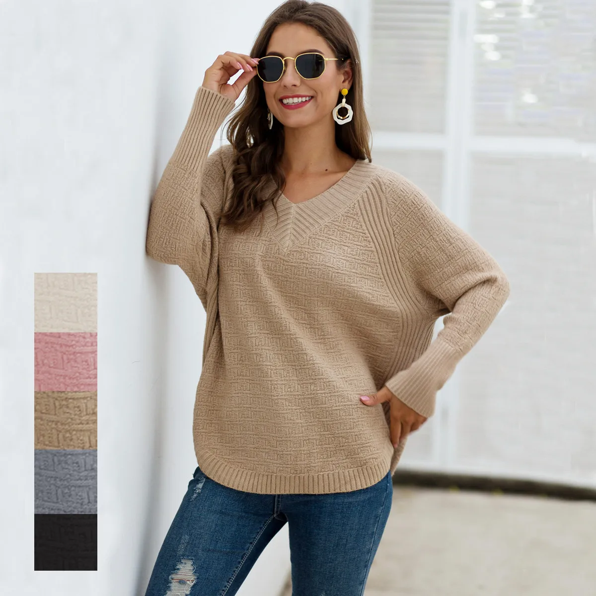 

Winter Fall Women Sweater Asymmetrical Batwing Long Sleeve V-neck Solid Color Simple Casual Loose Basic Knitwear Female Pullover