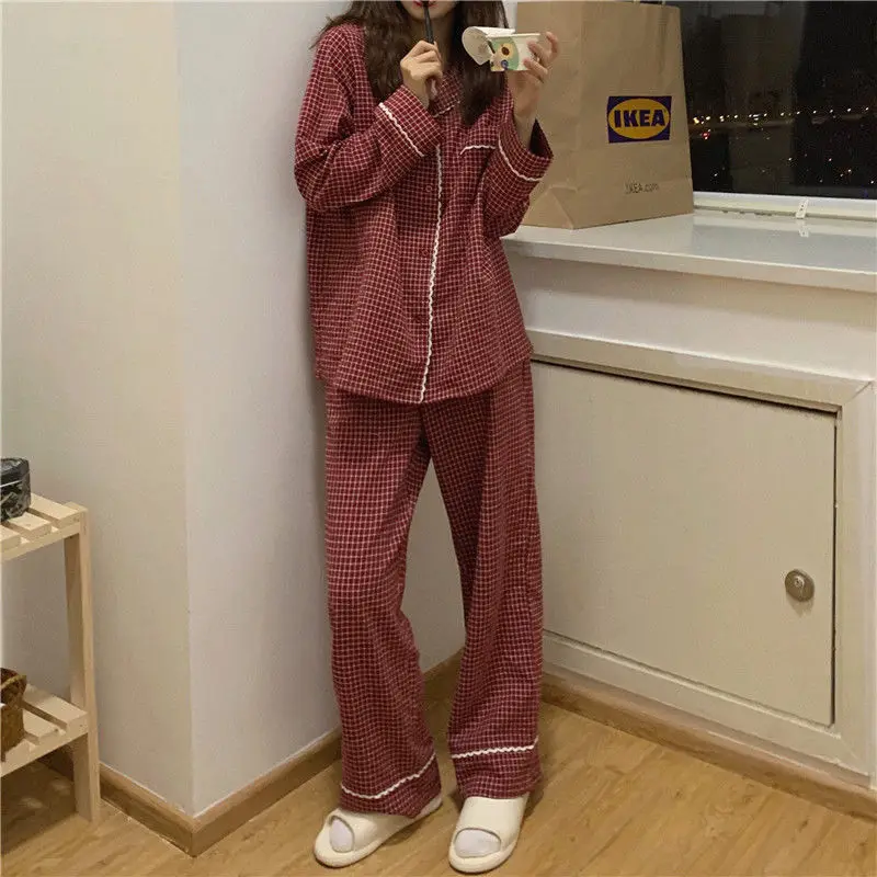 Japanese Pajama Women Long Sleeved Autumn Winter Sleepwear Set Red Plaid Pyjamas Girls Home Clothes for Female 2021 Homewear