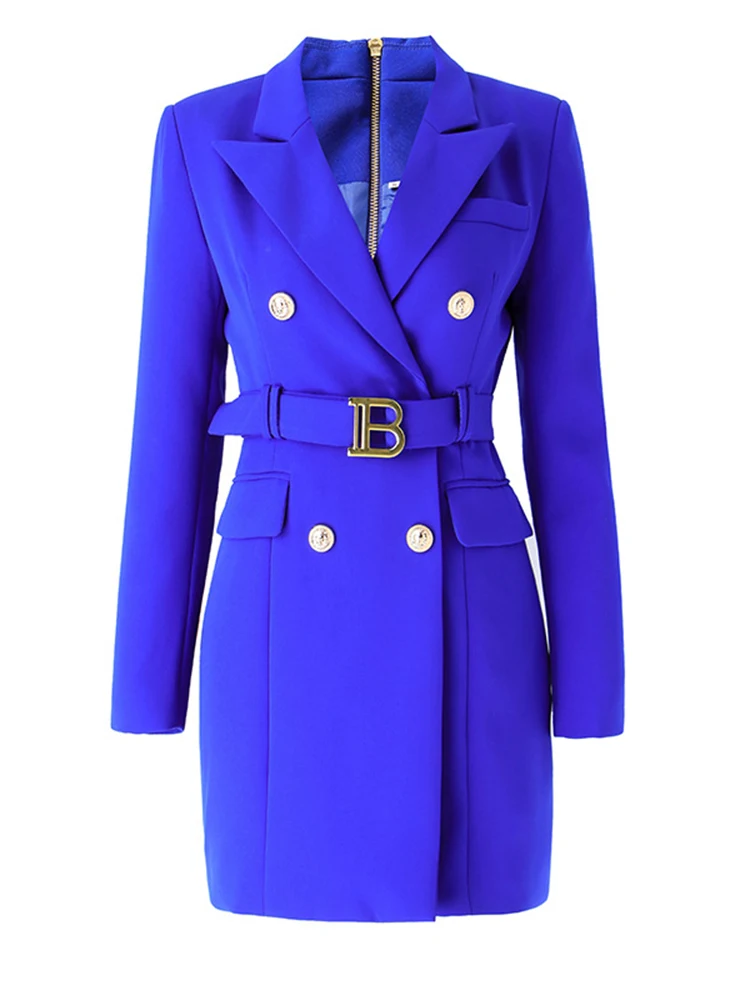 

HIGH STREET New Fashion 2023 Designer Women's Long Sleeve Notched Collar Lion Buttons Double Breasted Belted Blazer Dress