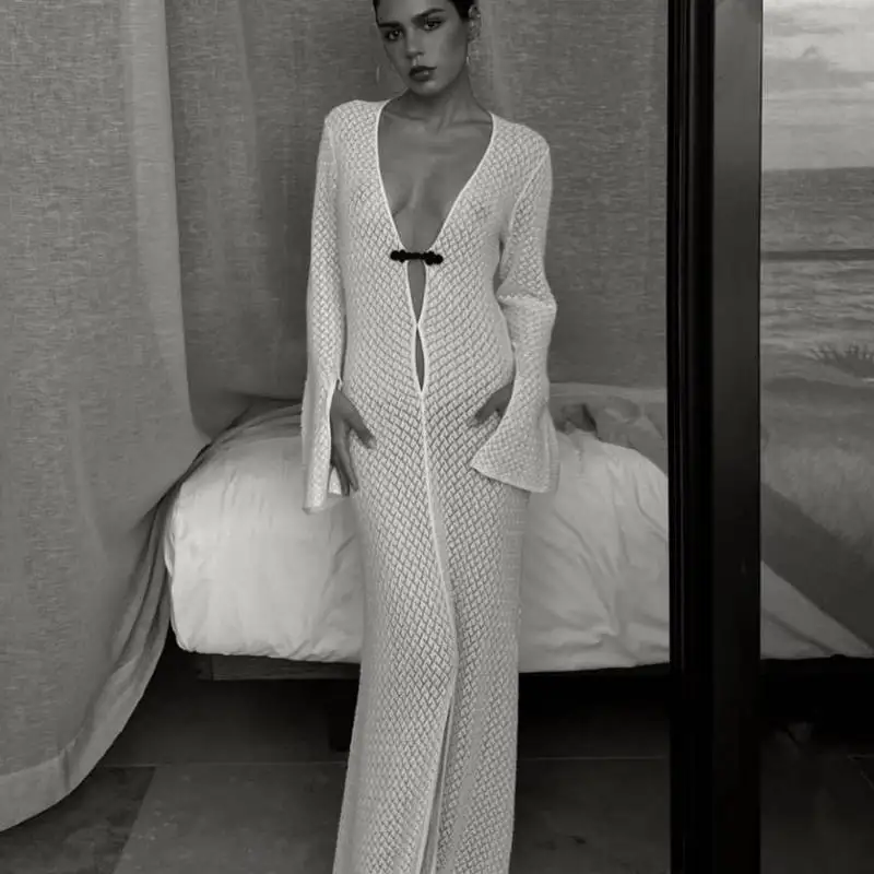 Ажурное Сексуальное Женское Платье макси с V-образным вырезом облегающее длинное