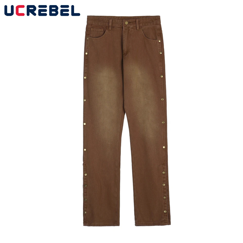 

Мужские джинсовые шорты с Боковым Разрезом, свободные прямые штаны в стиле High Street, Повседневная Уличная одежда из потертого денима