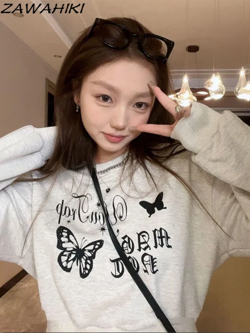 

Винтажная уличная одежда, свитшоты с принтом бабочки, женские американские ретро приталенные кроп-топы, корейские модные пальто, женская толстовка