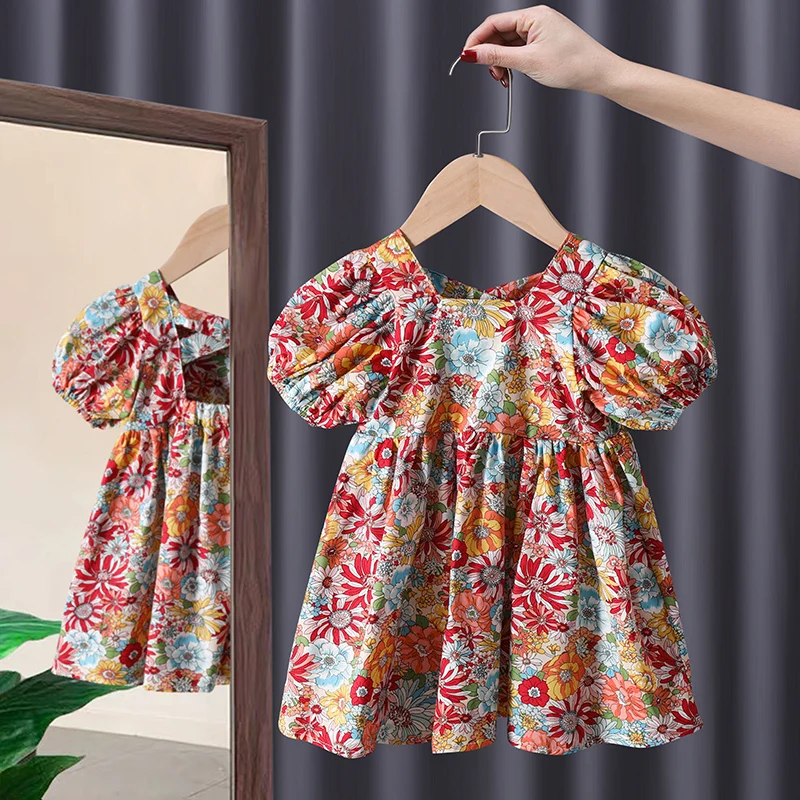 

Young Children Summer One-Piece Floral Midi Dresses Korea Princess Elegant And Pretty Women's Costume Girls Clothes 2 To 8 Years