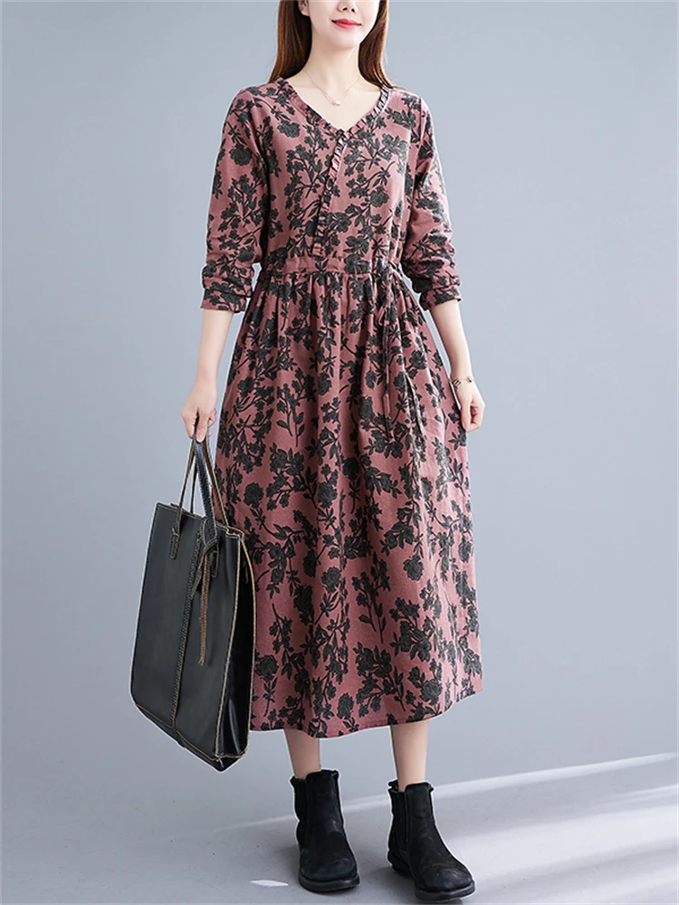 Женское Хлопковое платье с V-образным вырезом длинным рукавом и цветочным