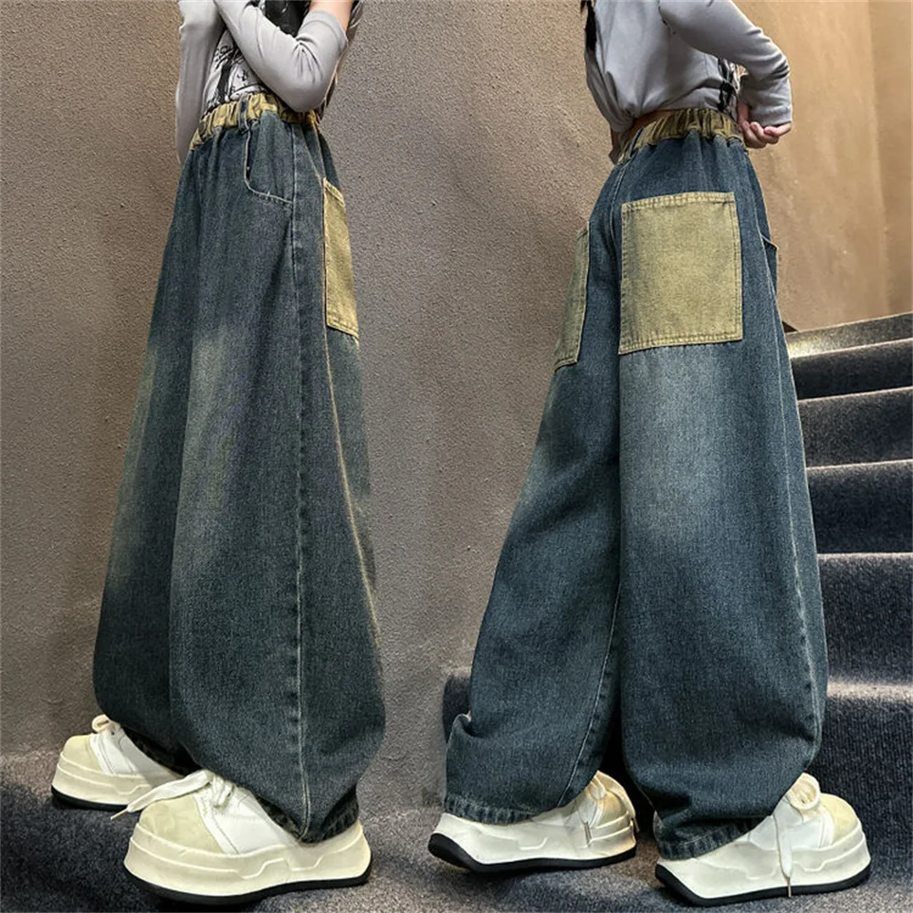 2431 корейские модные джинсы с изогнутыми ножками для девочек детские широкие