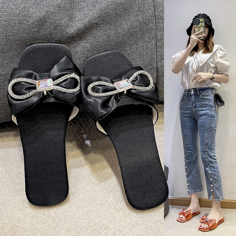 

Женские сандалии на плоской подошве, пляжные шлепанцы со стразами и бантом, Уличная Повседневная модная универсальная обувь, большие разме...