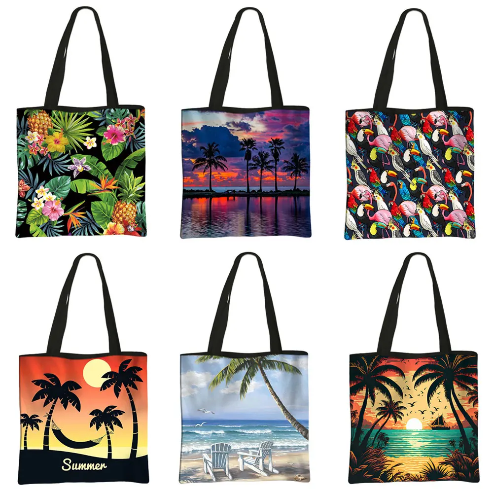 

Landscape Sunset Coconut Palm Tree Shopping Bag Tropical Flower Women Handbags Hawaiian Beach Ladies Eco Grocery Shopper Bag