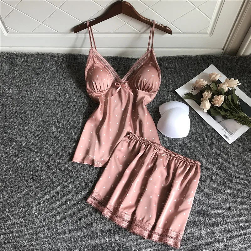 Women's Sleepwear 2 Pcs Sets Tops+Shorts Polka Dots Sexy Lace Satin Sleeveless V-neck Pyjama Sets With Pads