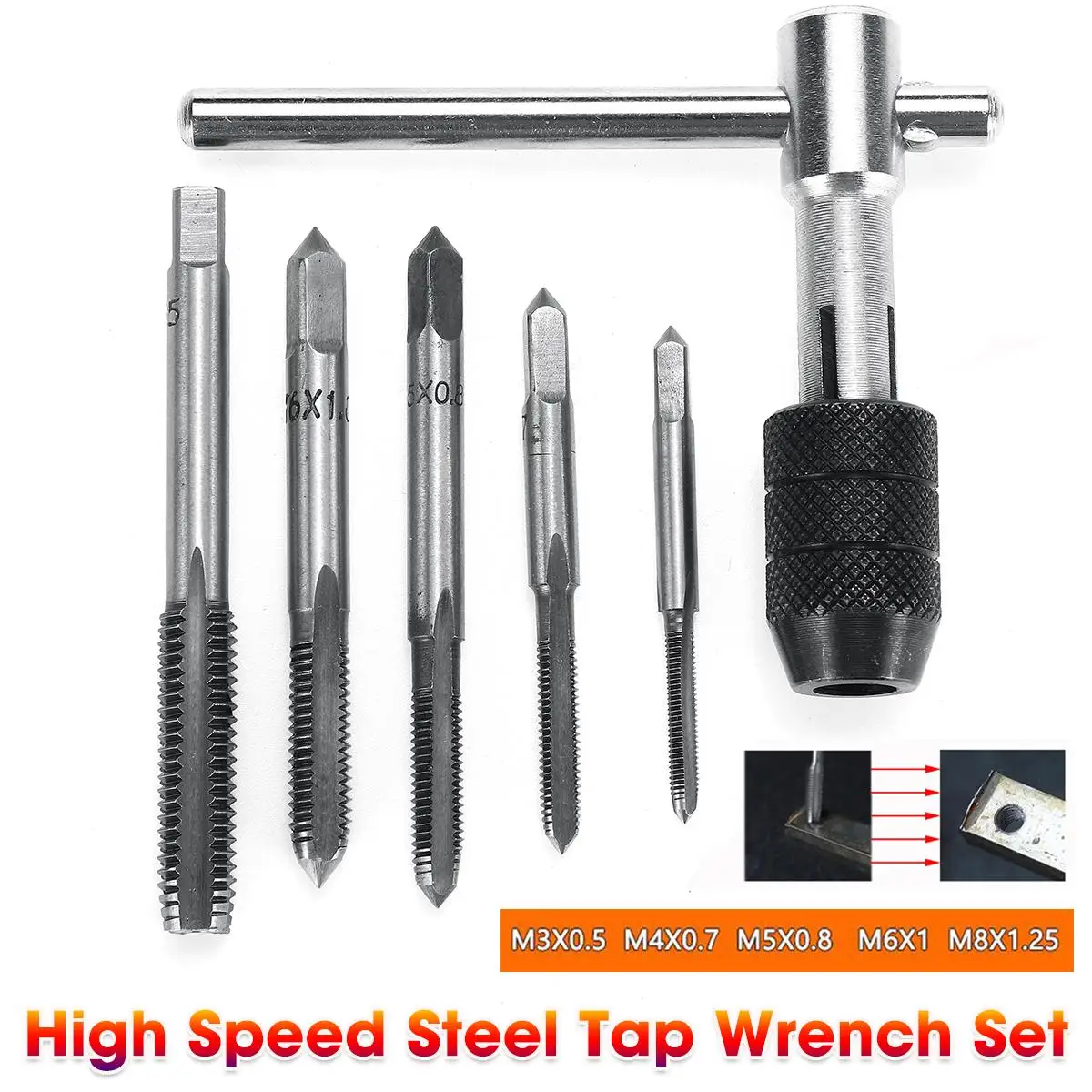 

6PCS High-speed Steel Hand M3-8 tap holder Set Metric Combination Tool