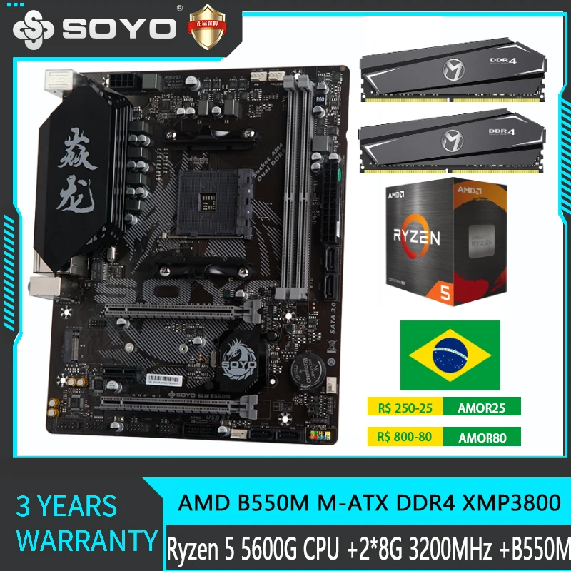 

Набор материнской платы SOYO AMD B550M с процессором Ryzen 5 5600G PCIE4.0 RAM 2X8G 3200 МГц для настольного компьютера игровая материнская плата Combo