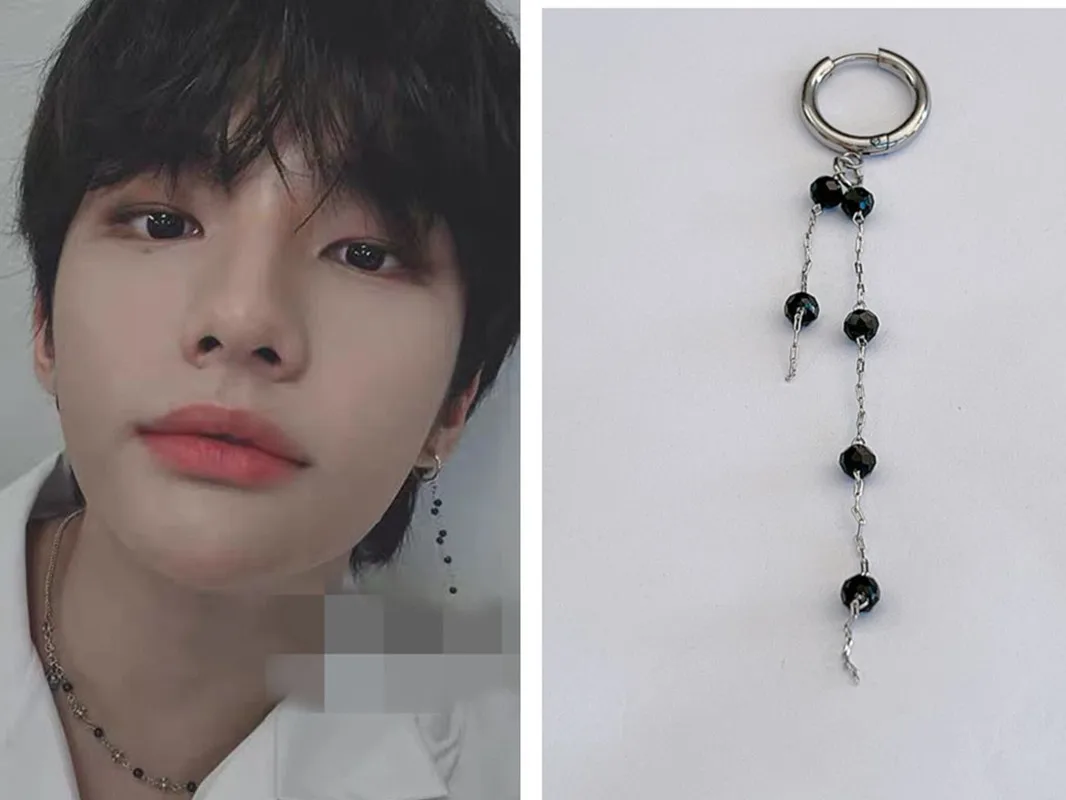

2022 Hallyu New Stray Kids Combination Hwang Hyunchen Same Earrings Men's Personality Black Bead Chain Couple Jewelry Gift