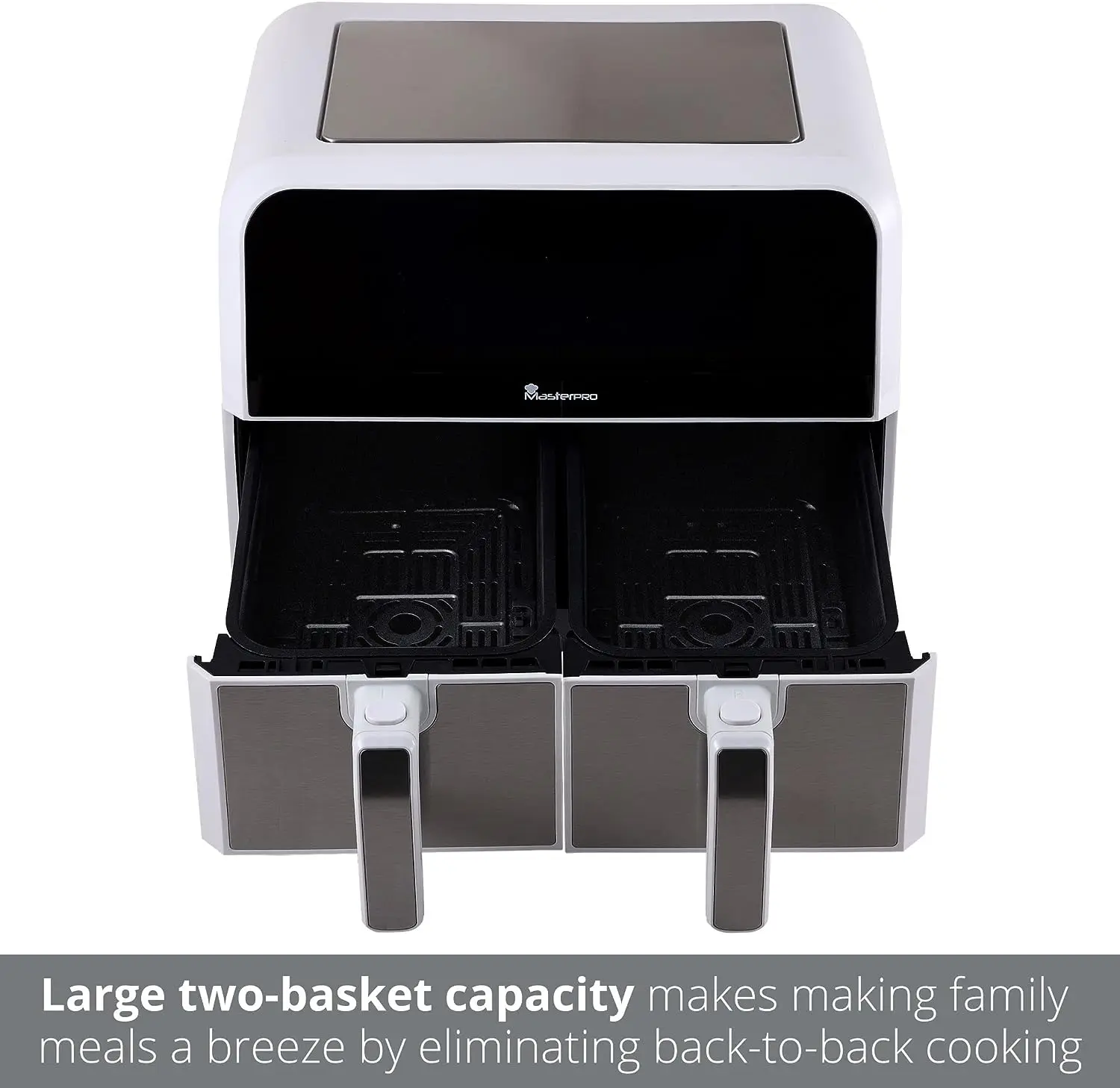 

- Dual Air Fryer - 8.4 Quart Capacity with Two Frying Baskets - Two Non Stick Crisper Racks - Holds up to 7.5 Pounds of Food - 1