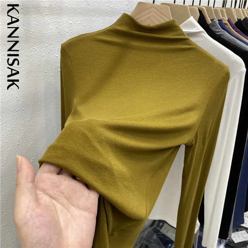 

KANNISAK женские футболки модал 2022 Весна Осень Топы Тонкий стрейч джемпер корейская мода внутренняя одежда мягкая теплая футболка