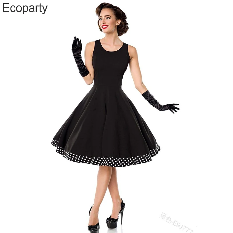 Женское винтажное платье ретро в горошек черное трапециевидной формы стиле