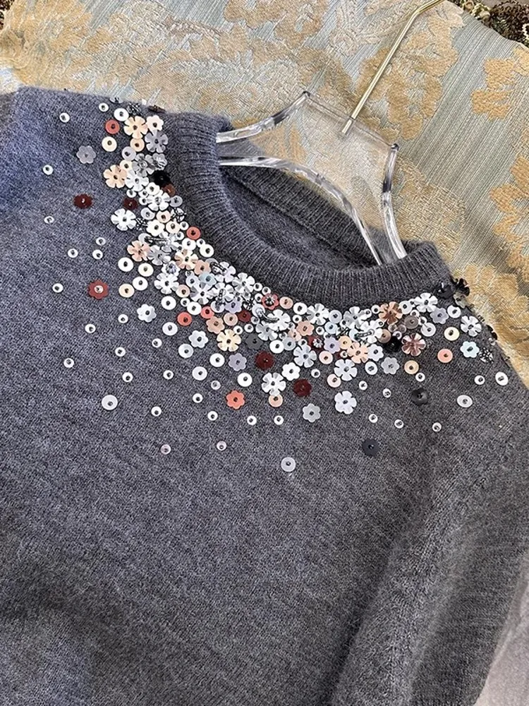 Женский Блестящий пуловер с блестками трикотажный джемпер круглым вырезом и