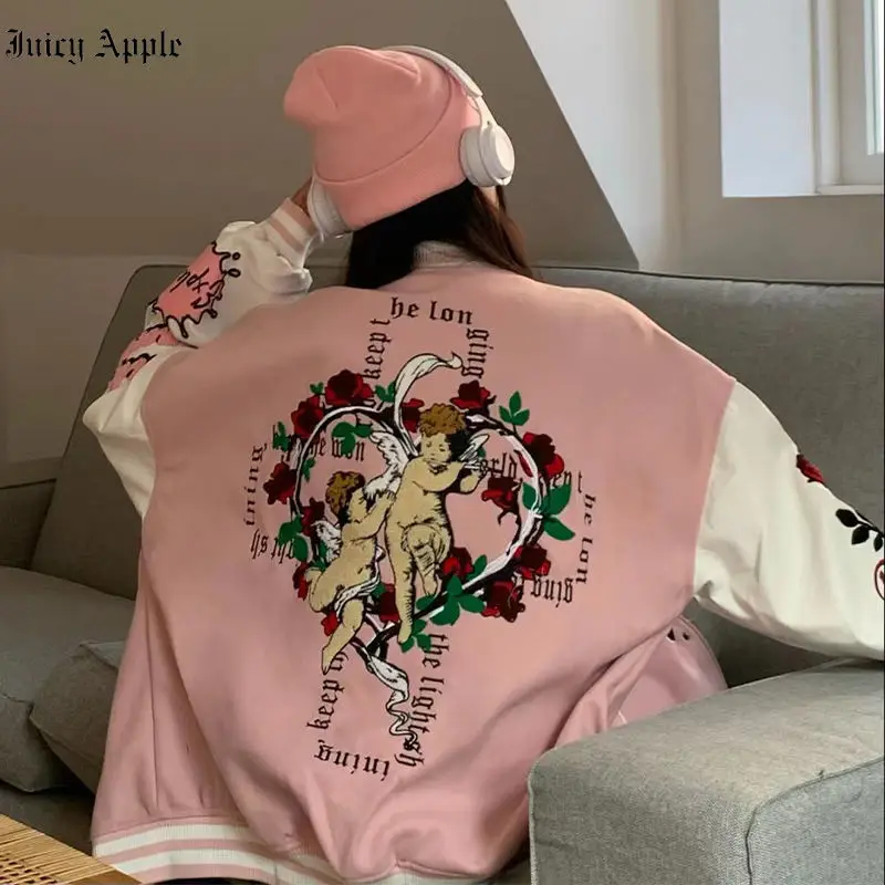 Juciy Apple Bomber Woman Varsity Jacket Pink Angel Embroidery Long Sleeve American Baseball Jacket Female Coat Winter 2022 Tops