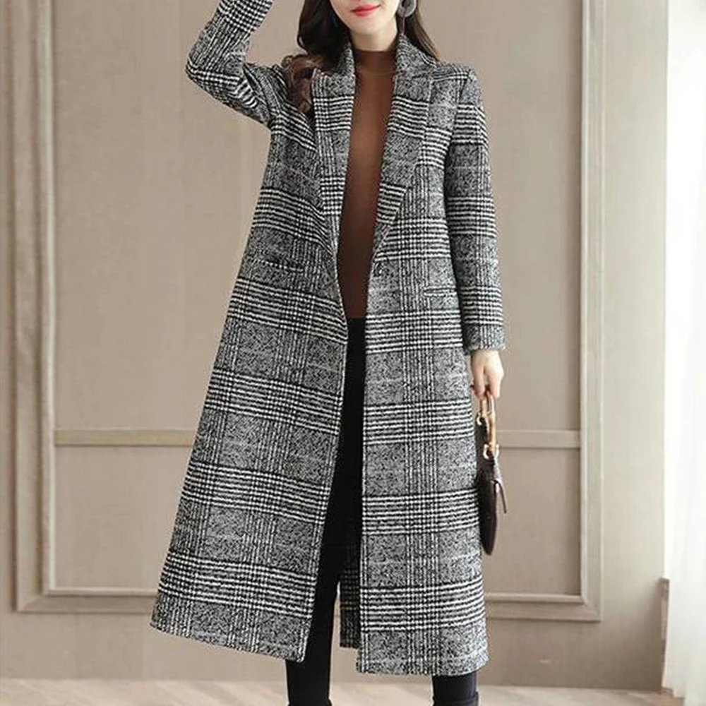 

Женское длинное приталенное пальто, модное шерстяное пальто средней длины в клетку с рисунком «гусиные лапки», сезон осень-зима