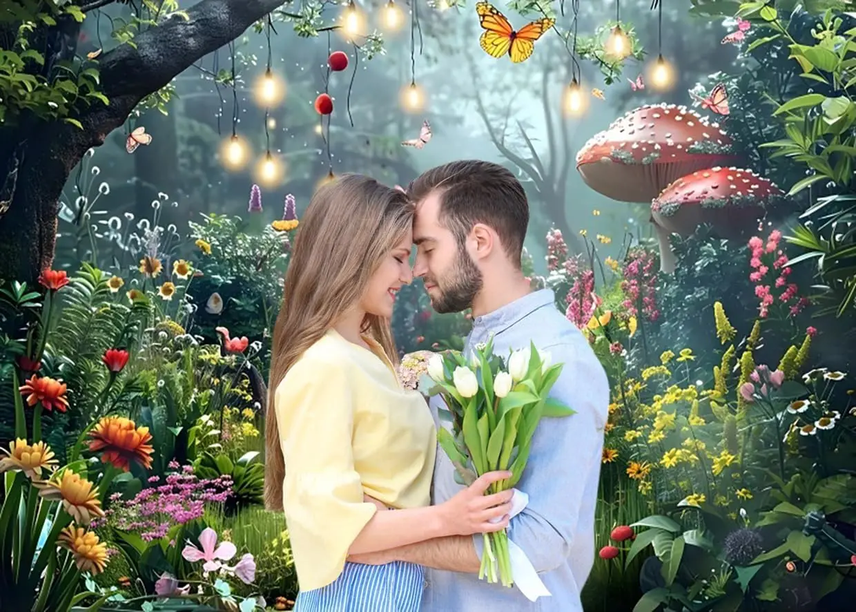 Весенний фон с зачарованным лесом сказка страна чудес цветы гриб для фотосъемки