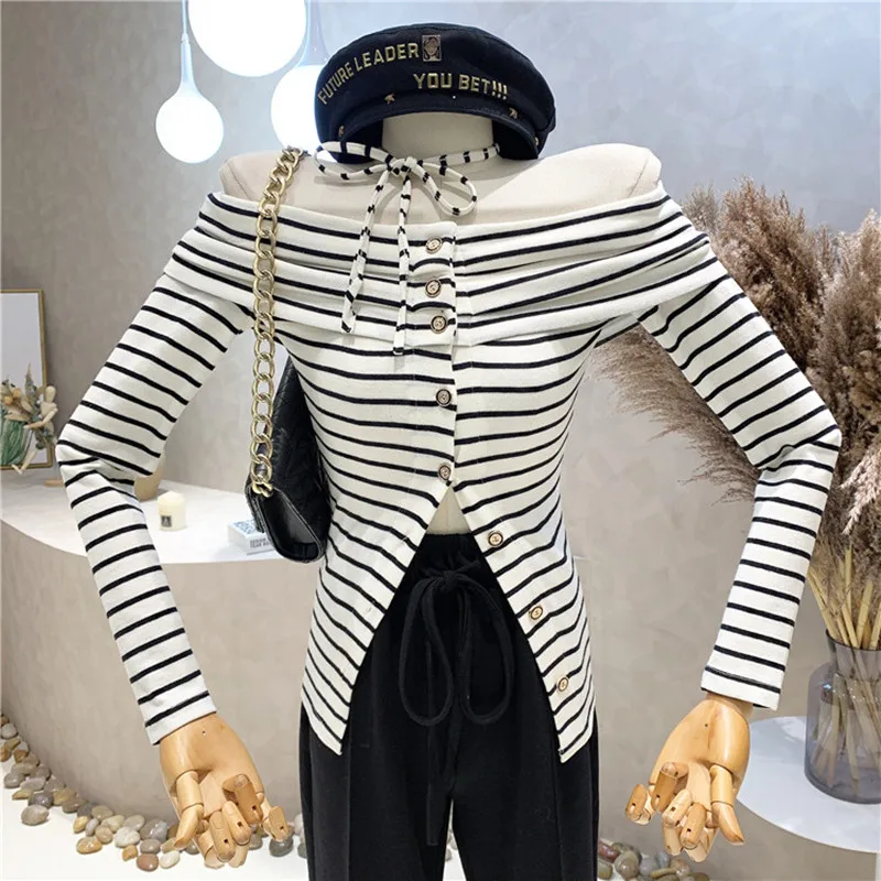 

Niche Design New Women's Clothing 2022 Spring Sexy Off Shoulder Long Sleeve Striped T-shirt Design Slim Tops Female Blouses