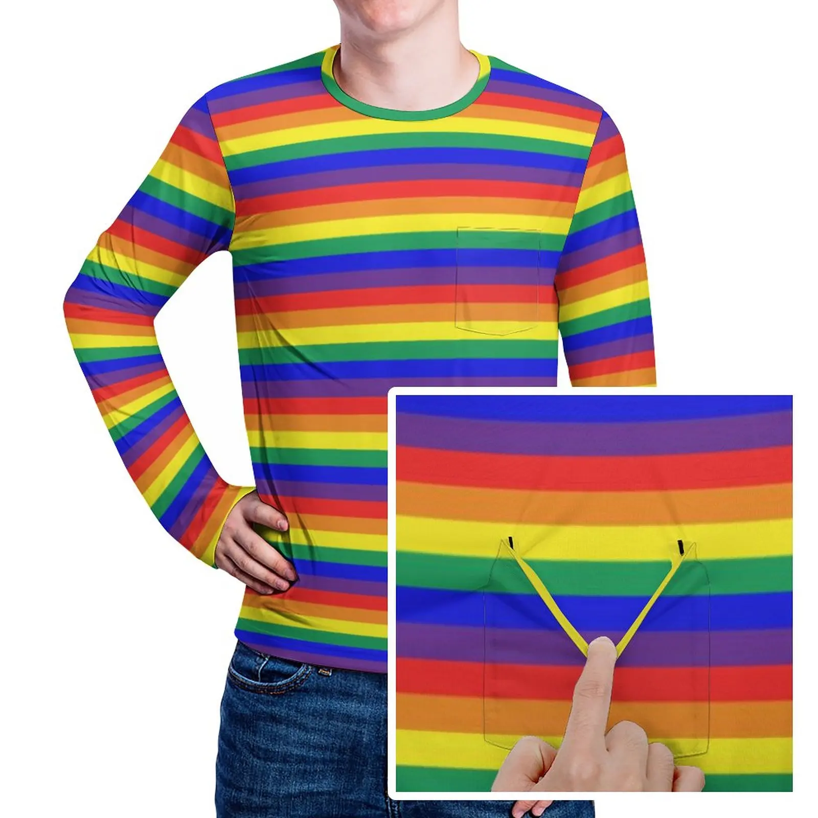 

Футболка мужская в радужную полоску, тенниска с принтом в цветные полосы, майка в стиле хип-хоп, одежда в стиле оверсайз с длинным рукавом и г...