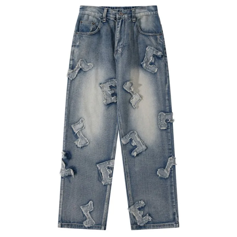 

Letter Stick Embroidery Washing Jeans 2022 Autumn And Winter Man New Ins High Street Fashion Loose Straight Casual Jeans