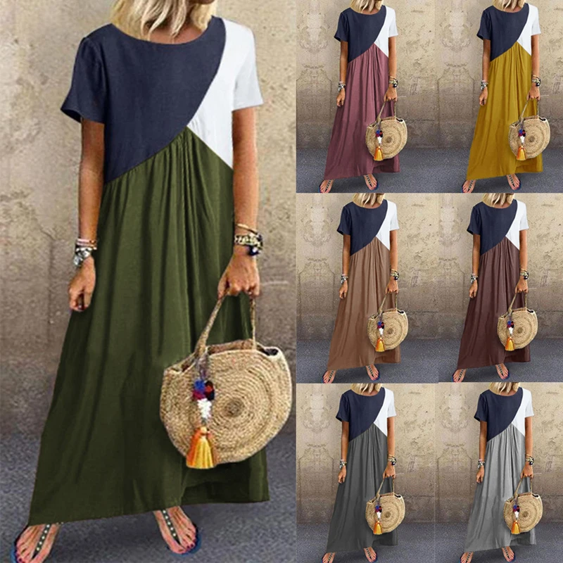 

Female Summer Casual Dress Short Sleeve Patchwork Color Loose Vestidos Women Sundress Long Maxi Dresses