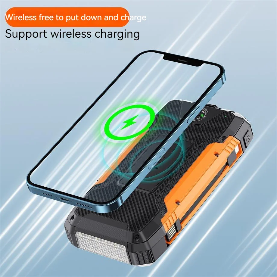 36800mAh Solar Power Bank Quick Charger Outdoor Powerbank External Battery Wireless Charging Backup Led Light Built In Cables