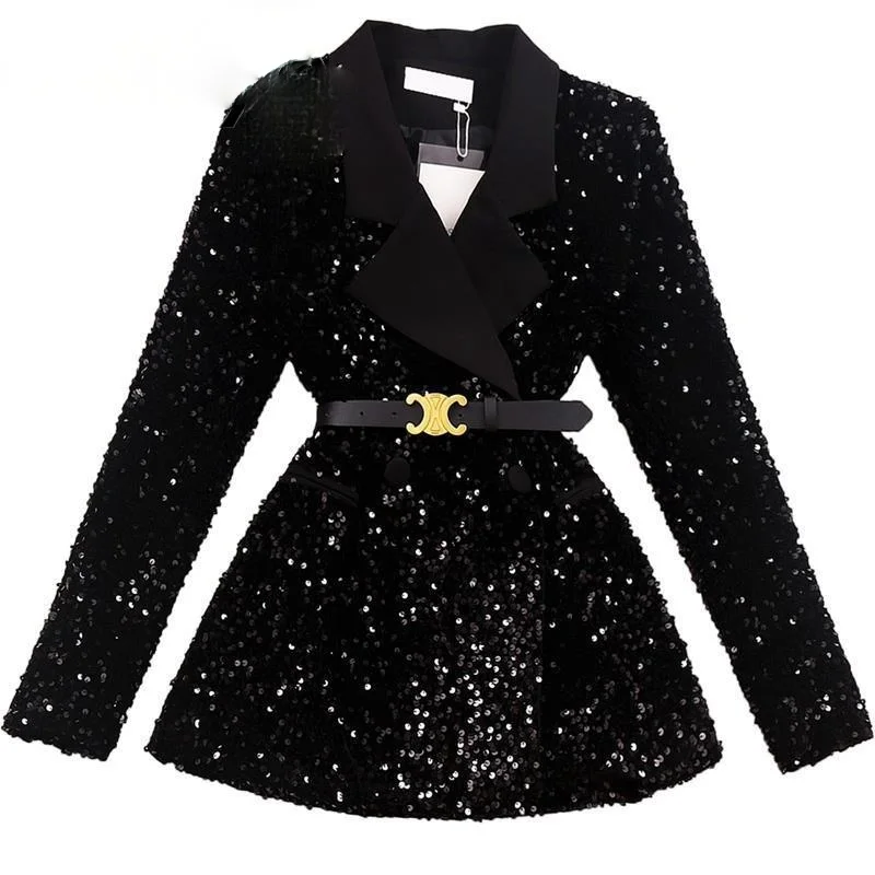 Women New Fashion Shiny Double-breasted Sequins Suit Jacket Female Cotton Coat Black Slim Fit Blazers Fall Clothes with Belt