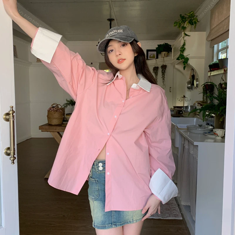 Модный дизайн лоскутные рубашки женские корейские свободные блузки