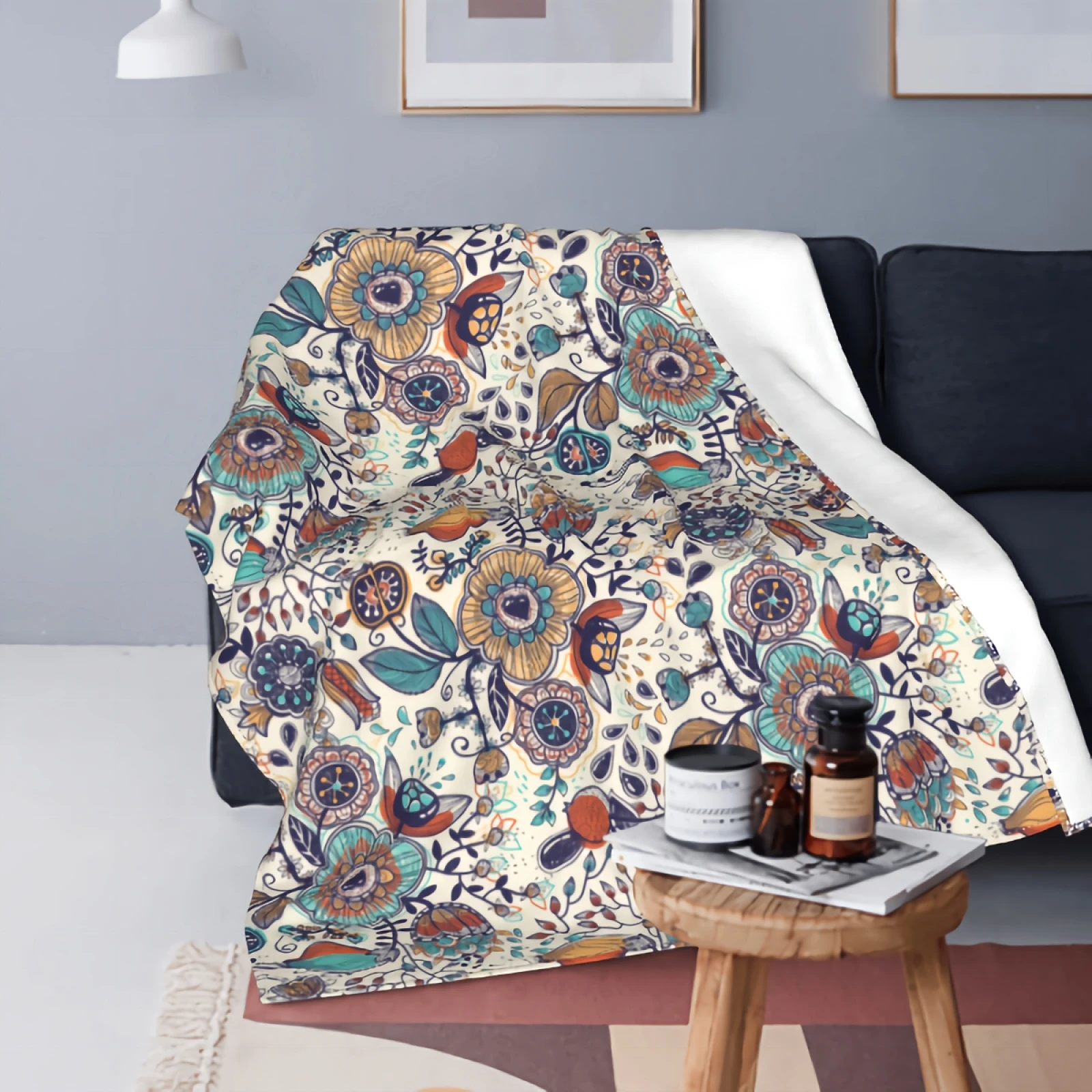 

Super Plush Soft Warmth Sherpa Throw Blanket Colorful Leaves and flowers Breathable Cozy for Christmas' Gift