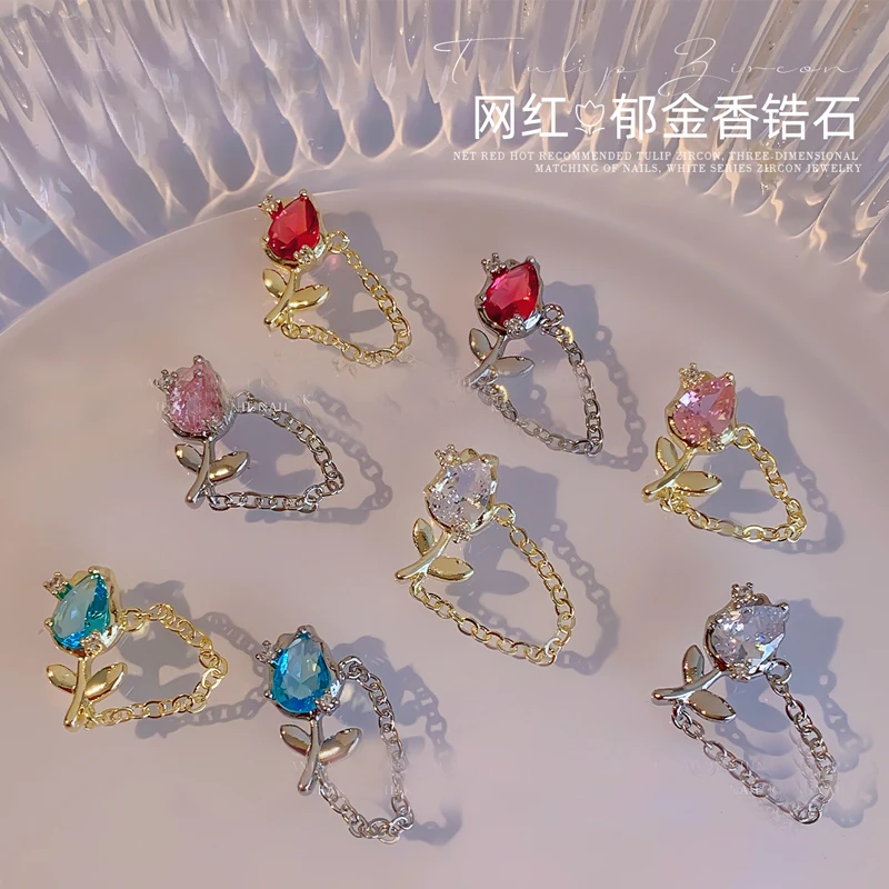 

Tulip Zircon Luxury Parts 3d Nail Charms Metal Gold Silver Rhinestones Flowers Design Nails Chain Diamonds Gems Accesorios